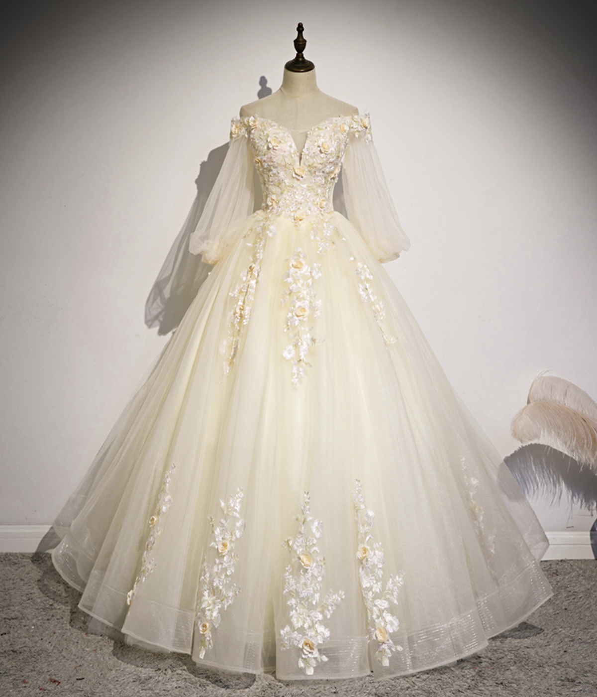 Champagne Tulle Lace Long A-Line Ball Gown