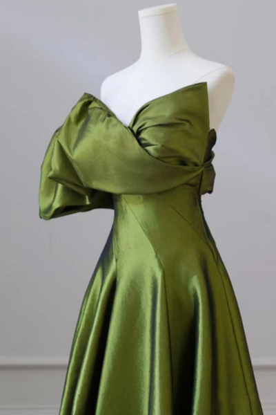 One Shoulder Green Satin Long Party Dress, Off Shoulder Prom Dress KPP1671