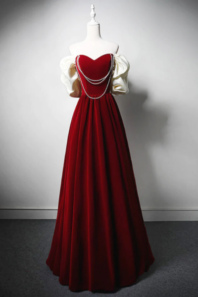 Burgundy A Line Off Shoulder Velvet Lace Long Prom Dress, Burgundy Long Formal Dress KPP1672
