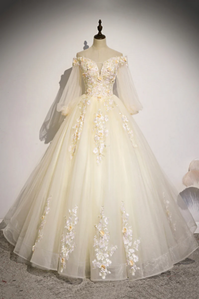 Champagne Tulle Lace Floor Length Prom Dress, Off Shoulder Long Sleeve Evening Dress KPP1673
