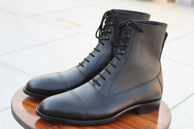 Crafted Leather Handmade Black Calf Leather Ankle High Lace up Dress Boot