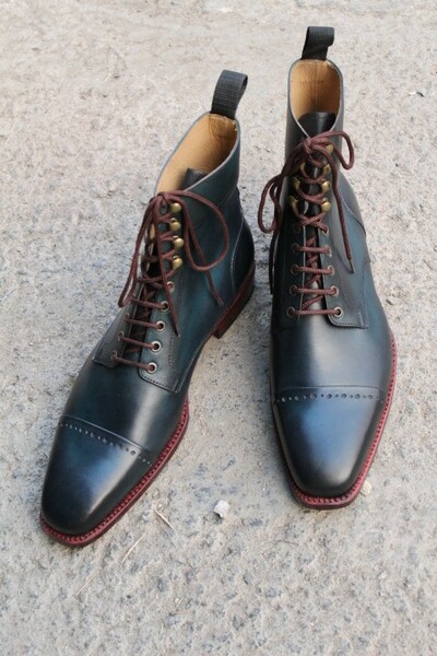 Crafted Leather Classic Green Leather Ankle High Lace up Dress Boot