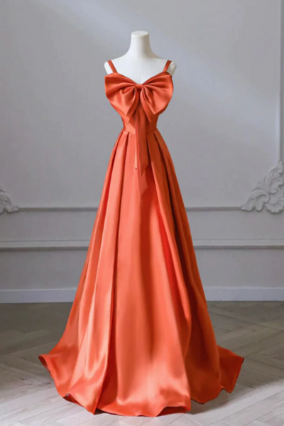 Orange Long Satin Prom Dresses with Bow, Oranage Long Satin Formal Evening Dresses KPP1674