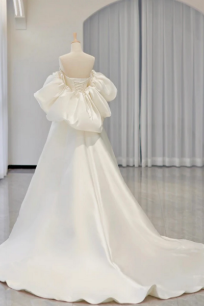 White A Line Satin Long Prom Dress, White Satin Long Formal Dress KPP1675