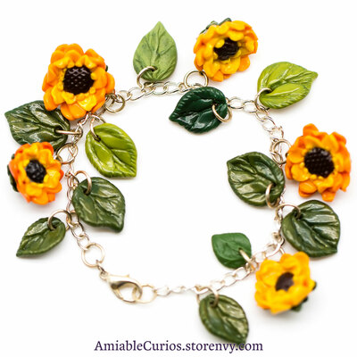 Sunflower Charm Bracelet, polymer clay, summer, leaf, yellow, unique, handmade, sunny, chain, ooak