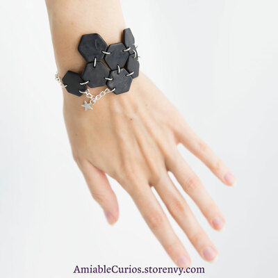 Heat Tile Bracelet, SpaceX Starship Inspired, black, hexagon, polymer clay, abstract design, tiled, unique, ooak, chain, cosmic, space, spaceship