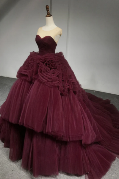 Burgundy Round Neck Tulle Burgundy Long Prom Gown, Burgundy Long Evening Dress KPP1678