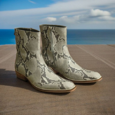 Men's Leather Snake Texture Ankle High Zipper Boot For Men, Leather Boots