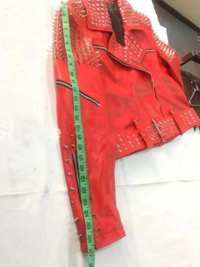 Crafted Leather New Handmade Ladies Red Spiked Studded Punk Leather Jacket