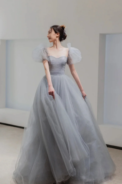 Gray Tulle Floor Length A Line Prom Dress, Lovely Puff Sleeve Evening Party Dress KPP1680