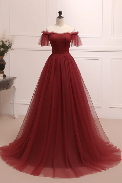 A Line Burgundy Tulle Long Prom Dress, Burgundy Long Evening Dress KPP1682