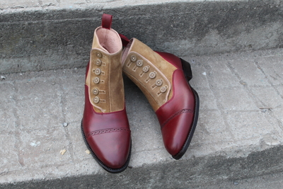 Crafted Leather Men Brown Suede and Red Leather Button Ankle High Dress Boot