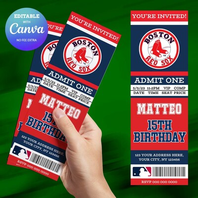 Boston Red Sox Birthday Ticket Invitation Canva Editable and Printable