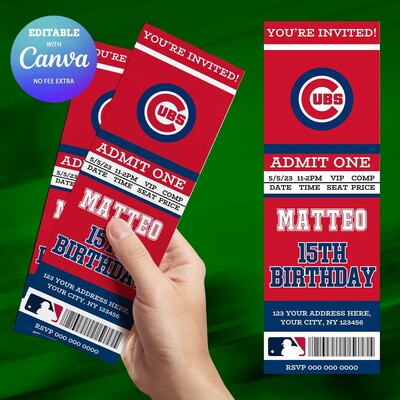 Chicago Cubs Birthday Ticket Invitation Canva Editable and Printable
