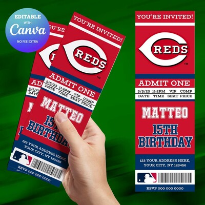 Cincinnati Reds Birthday Ticket Invitation Canva Editable and Printable