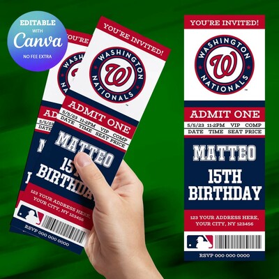Washington Nationals Birthday Ticket Invitation Canva Editable and Printable