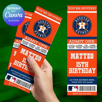 Houston Astros Birthday Ticket Invitation Canva Editable and Printable
