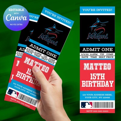 Miami Marlins Birthday Ticket Invitation Canva Editable and Printable