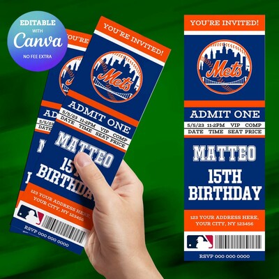New York Mets Birthday Ticket Invitation Canva Editable and Printable