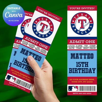 Texas Rangers Birthday Ticket Invitation Canva Editable and Printable
