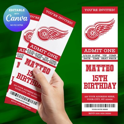 Detroit Red Wings Birthday Invitation, Hockey Birthday Invitation Canva Editable