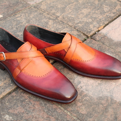 Crafted leather handmade brown leather cross buckle monk strap dress shoes - Thumbnail 5