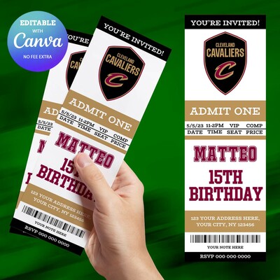 Cleveland Cavaliers Birthday Invitation, Basketball Ticket Birthday Invitation Canva Editable