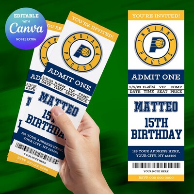 Indiana Pacers Birthday Invitation, Basketball Ticket Birthday Invitation Canva Editable