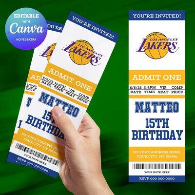 Los Angeles Lakers Birthday Invitation, Basketball Ticket Birthday Invitation Canva Editable