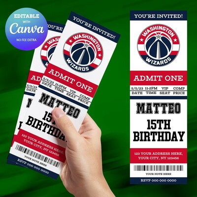 Washington Wizards Birthday Invitation, Basketball Ticket Birthday Invitation Canva Editable