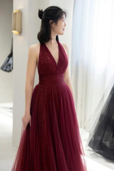 Burgundy Tulle Long A Line Prom Dress, V Neck Backless Evening Party Dress KPP1683