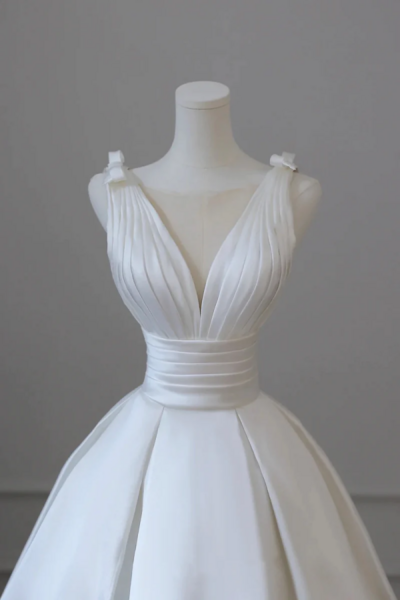 A Line V Neck Satin Wedding Dress, White Satin Bridal Gown with Bow KPP1685