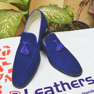 Crafted leather blue suede tassel loafers shoes for men - Thumbnail 3