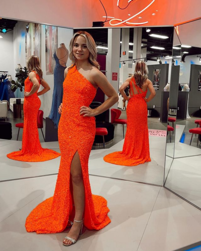 Mermaid Sparkly Orange Sequins Long Prom Dresses With Split