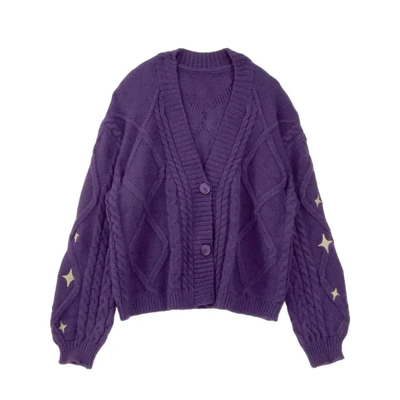 Speak Now Cardigan with Golden Star Embroidery Purple Cozy Knit Button Up Sweater Taylor Swift