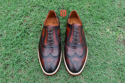 Handmade oxfords premium leather chestnut patina lace up wingtip and brogue shoes for men