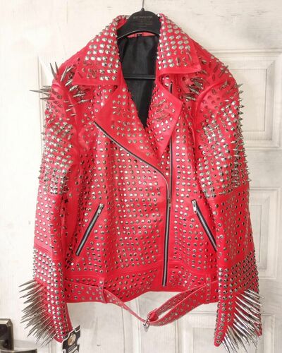 Crafted Leather Classy Red Gothic Studded Jacket with Silver Studs and Spikes