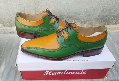Crafted Leather Custom Made Men Unique Yellow Green Leather Contrast Oxford Dress Shoes