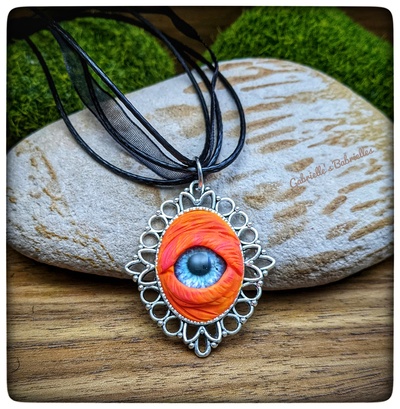 Eye necklace pendant orange blue realistic polymer clay sculpture jewelry