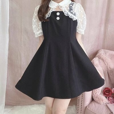 Fake two-piece lace dress stitching short-sleeved mid-length skirt high waist Japanese doll collar skirt