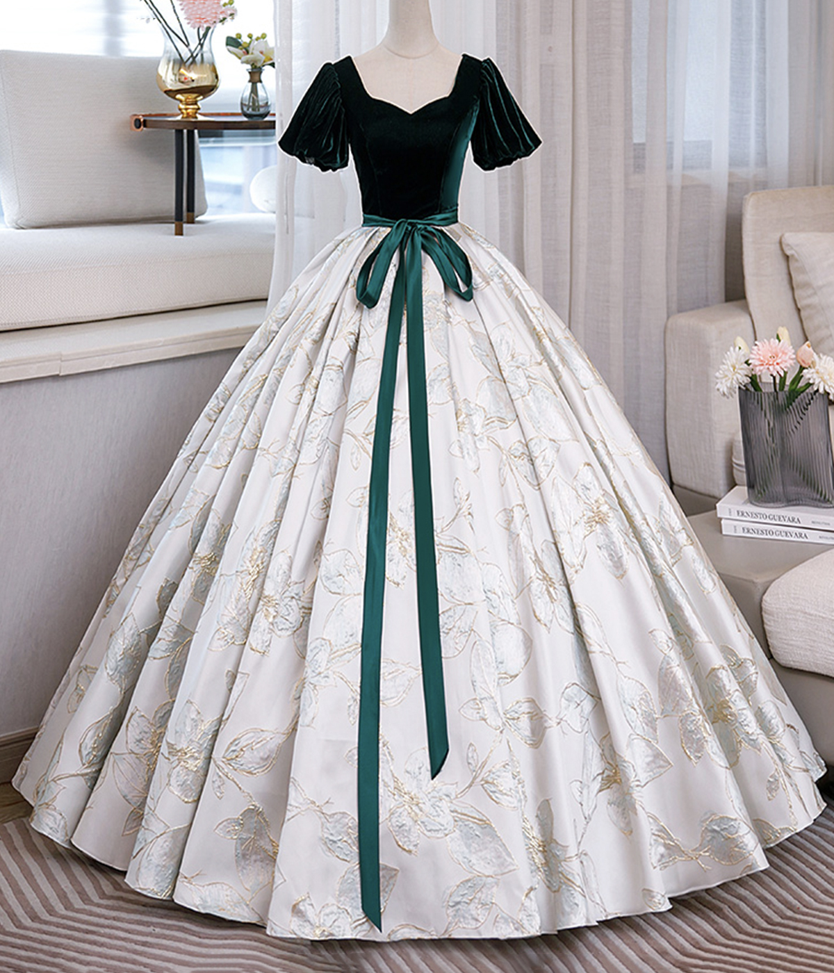 Green Velvet Floor-Length Printing Prom Dresses