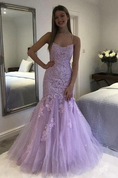 Beauty A Line Purple Tulle Prom Dress with Lace