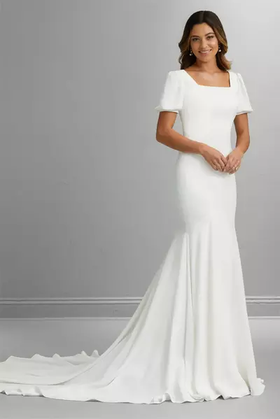 New Crepe Mermaid Modest Wedding Dresses With Short Sleeves Buttons Back Simple Elegant Modest Wedding Gowns Square Neckline