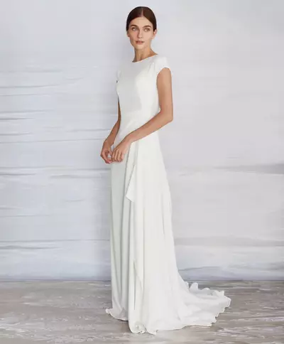 Simple A-line Crepe Wedding Dress Modest With Cap Sleeves High Neck Sweep Train Women Informal Boho Beach Bridal Gowns Bride Robe