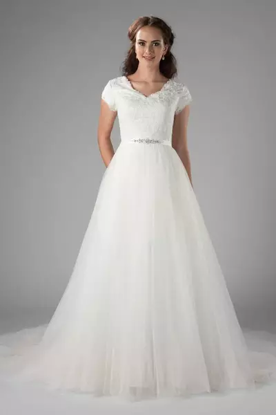 A-line Lace Tulle Long Modest Wedding Dress With Cap Sleeves V Neck Buttons Back 2019 New Simple Modest Bridal Gowns Sleeved