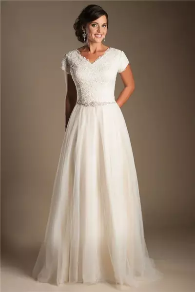 Short Sleeves Modest Wedding Dresses Cap Sleeves V Neck Buttons Lace Tulle Bridal Gowns A-line Inexpensive Wedding Gowns
