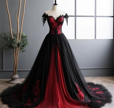 Black and Red Tulle Long Prom Dress, Black and Red Formal Gown KPP1691