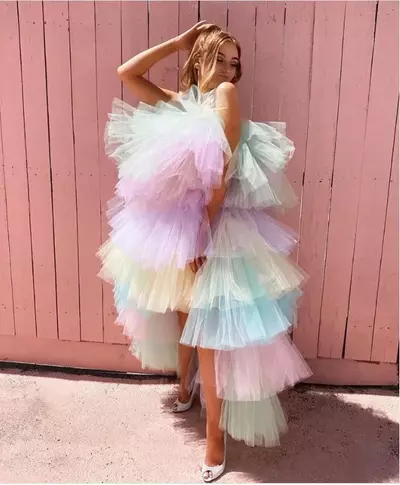 Mixed Colours TUTU Tulle Prom Dresses Cheap Hi Lo Tiered Cocktail Party Dress Photoshoot Vestidos Maxi Tulle Skirt Lush Evening Gowns