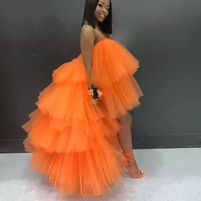 Orange Hi Low Cocktail Party Dresses Tiered Ball Gown fadas jupe African Formal Prom Dress Chic Puffy Skirt Tutu Homecoming Gowns
