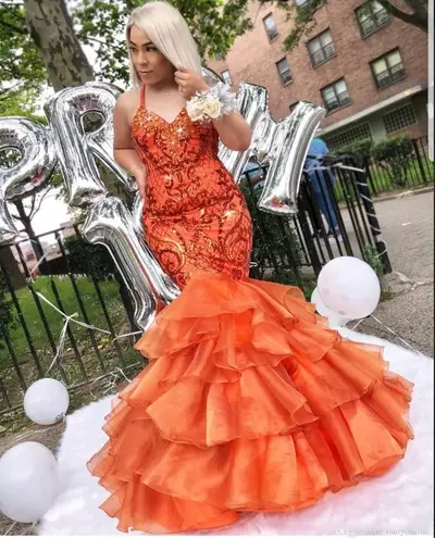 African Halter Prom Dresses Long Sequins Appliques Ruffles Mermaid Evening Gowns Tiered Ruffles Plus Size Party Dress